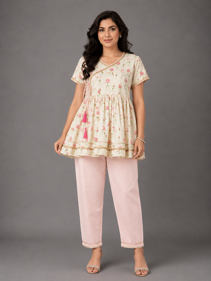 Off White Lotus Print Angrakha Set