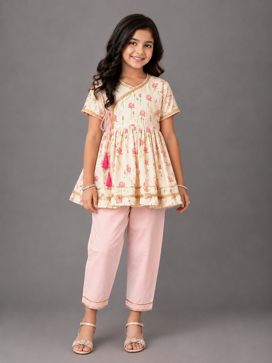 Off White Lotus Print Angrakha Set