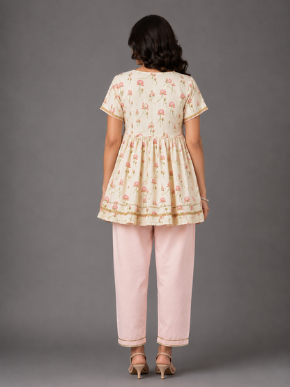 Off White Lotus Print Angrakha Set