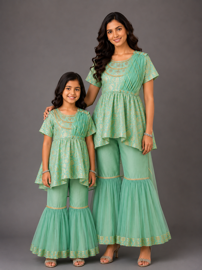 Green Chanderi Sharara with Attached Dupatta