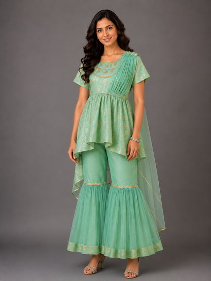 Green Chanderi Sharara with Attached Dupatta