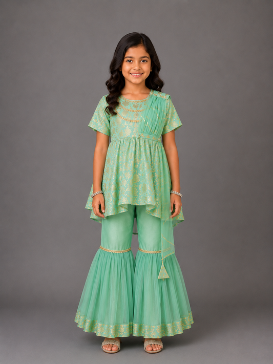 Green Chanderi Sharara with Attached Dupatta