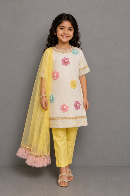 0ff white 3D flower kurta set