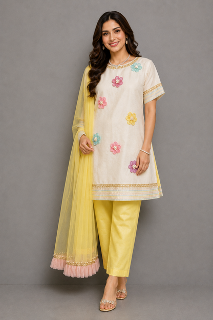 0ff white 3D flower kurta set