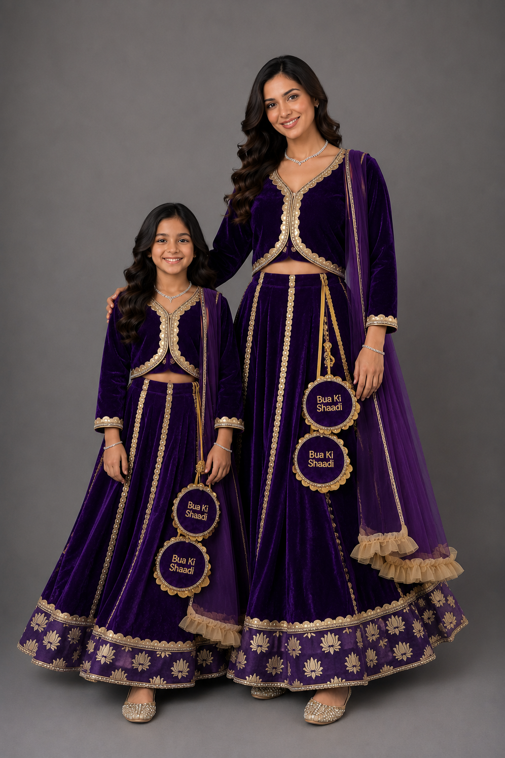 Purple Velvet Lotus Print Lehenga set (Customized Tassels)