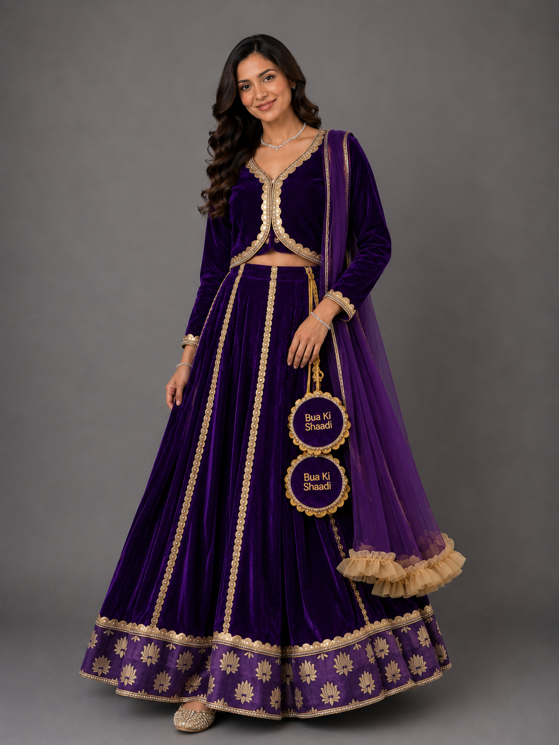 Purple Velvet Lotus Print Lehenga set (Customized Tassels)
