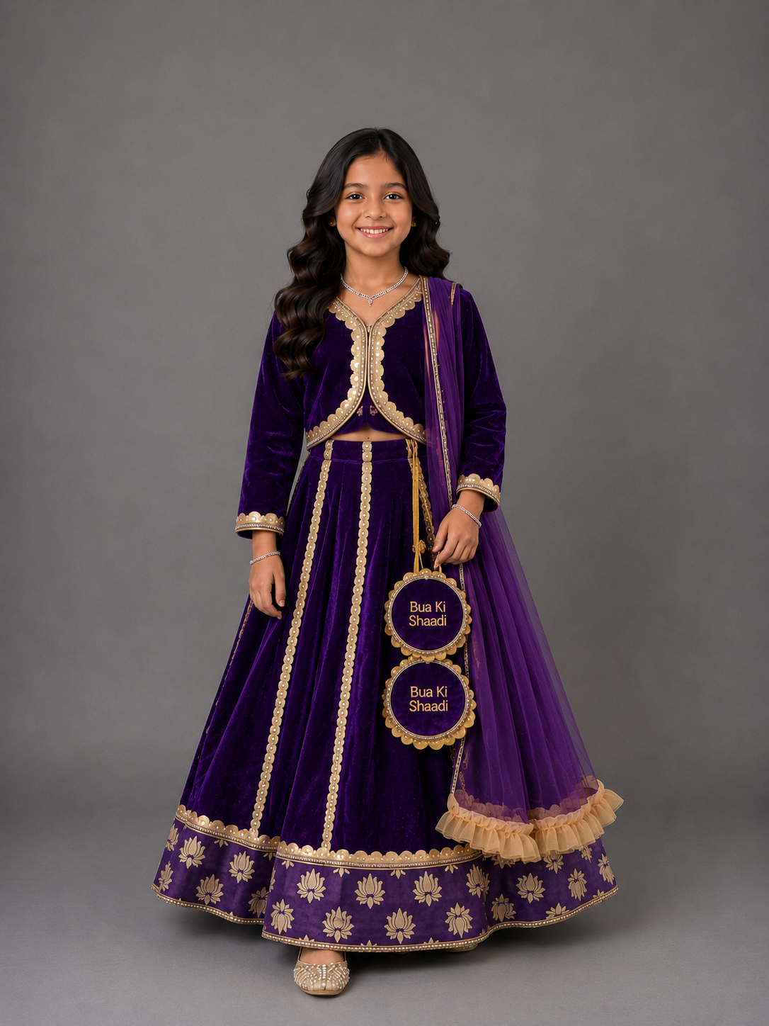Purple Velvet Lotus Print Lehenga set (Customized Tassels)