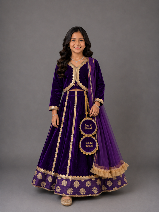 Purple Velvet Lotus Print Lehenga set (Customized Tassels)