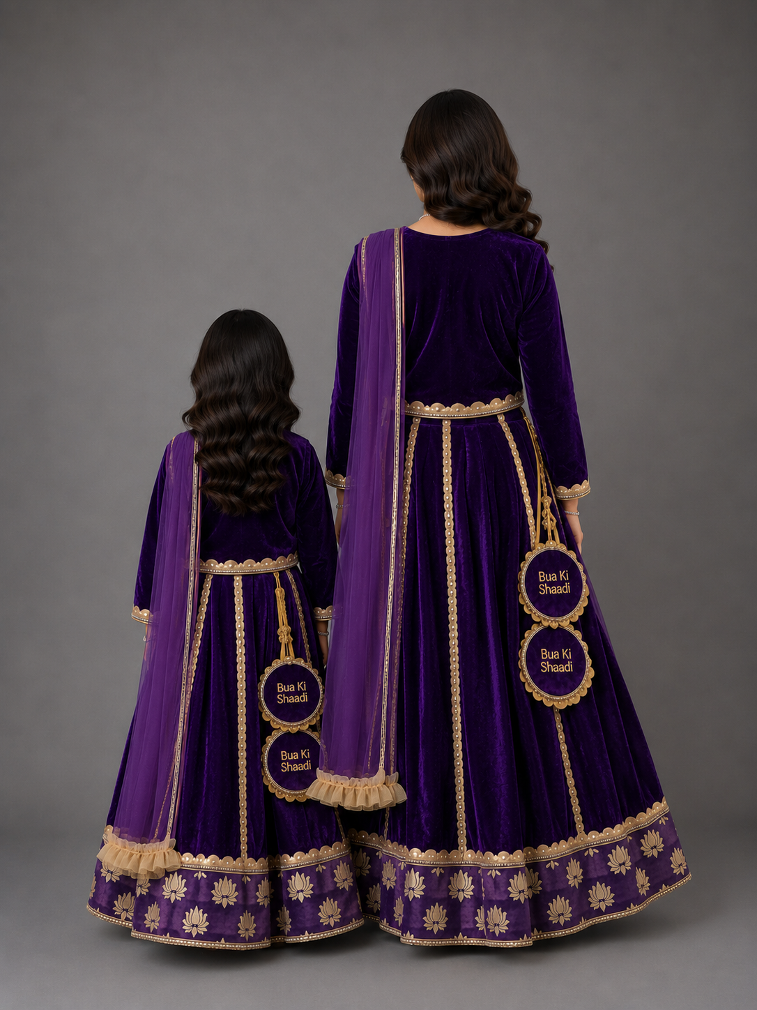 Purple Velvet Lotus Print Lehenga set (Customized Tassels)