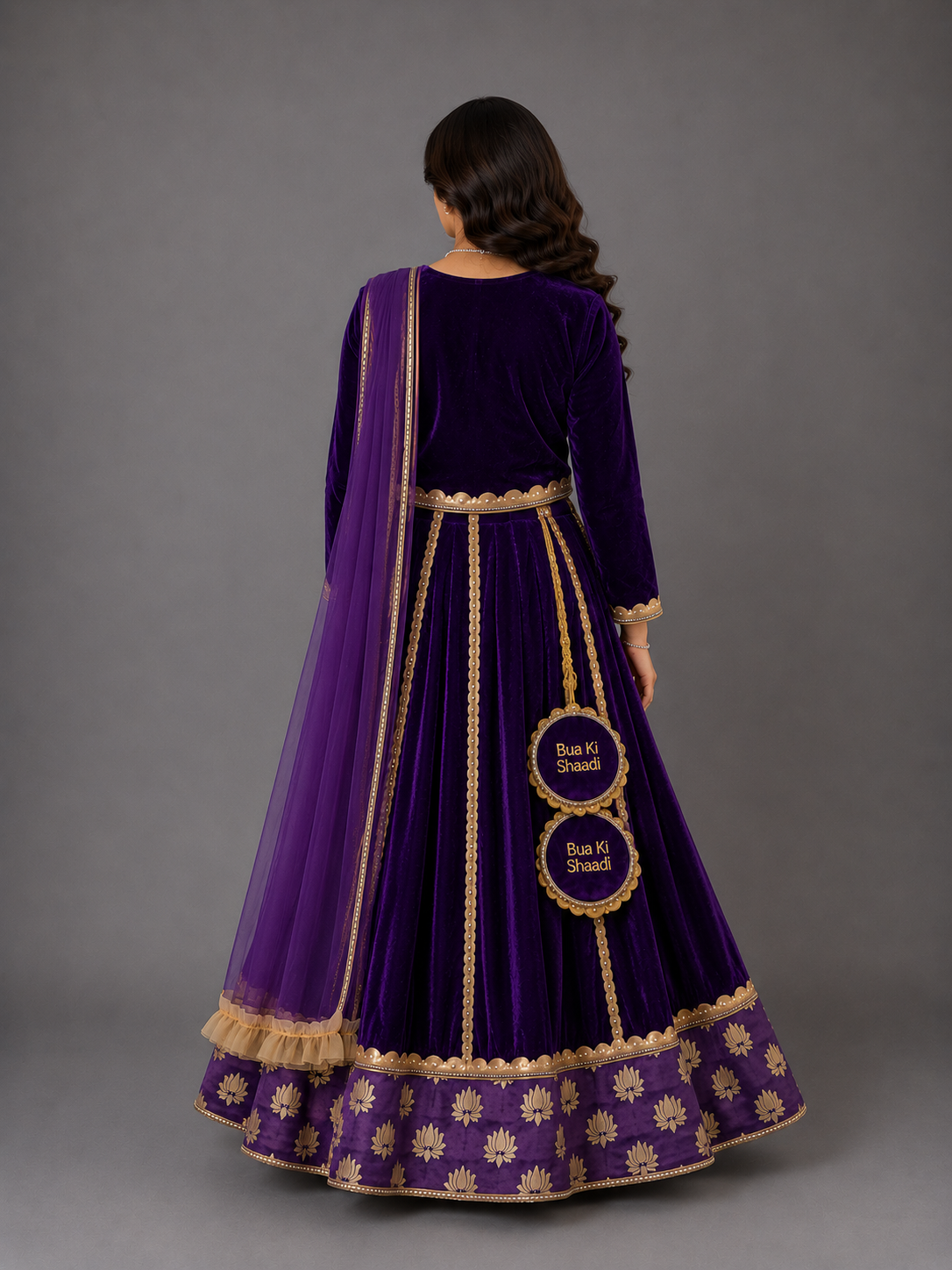 Purple Velvet Lotus Print Lehenga set (Customized Tassels)