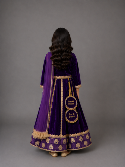 Purple Velvet Lotus Print Lehenga set (Customized Tassels)