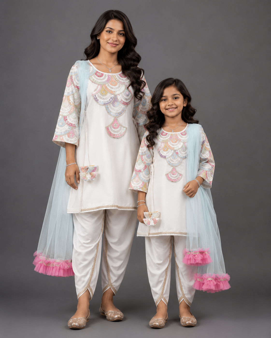 Embroidered white Kurti And Tulip Dhoti With Net Dupatta
