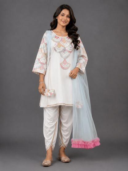 Embroidered white Kurti And Tulip Dhoti With Net Dupatta