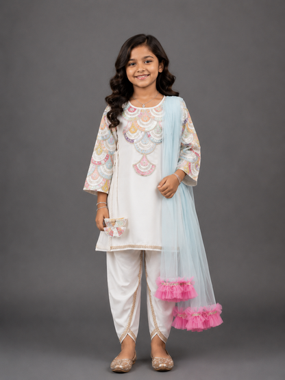 Embroidered white Kurti And Tulip Dhoti With Net Dupatta