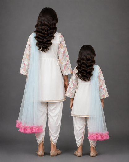 Embroidered white Kurti And Tulip Dhoti With Net Dupatta