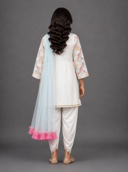Embroidered white Kurti And Tulip Dhoti With Net Dupatta
