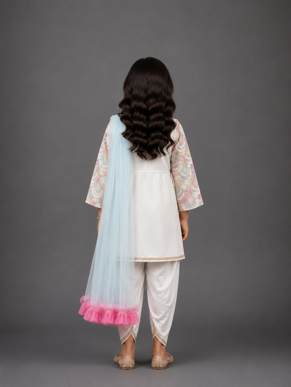 Embroidered white Kurti And Tulip Dhoti With Net Dupatta