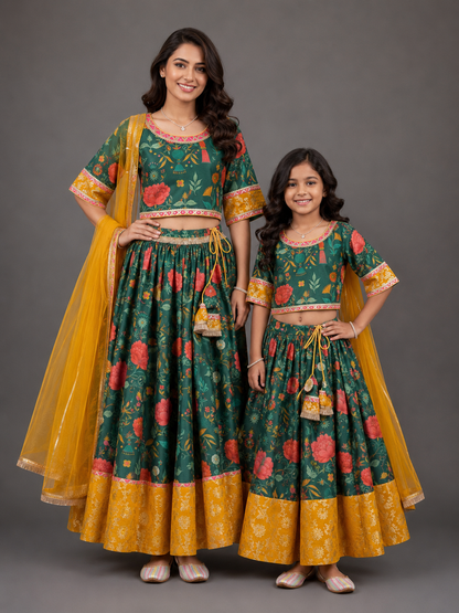 Green Mughal Print lehnga set