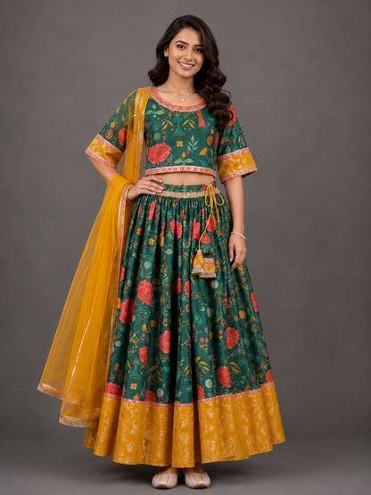 Green Mughal Print lehnga set