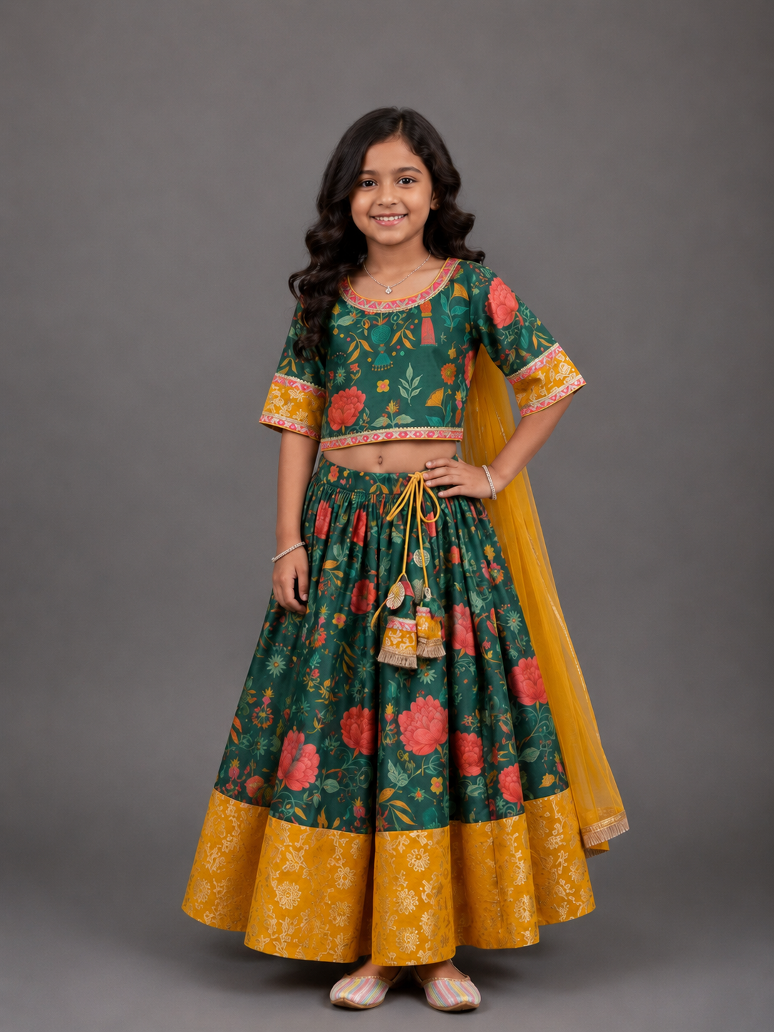 Green Mughal Print lehnga set