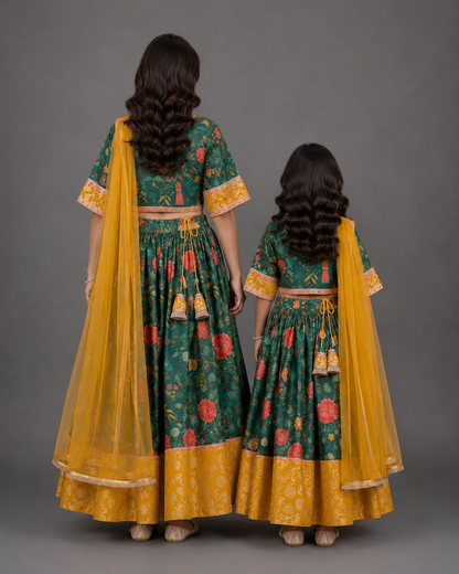 Green Mughal Print lehnga set
