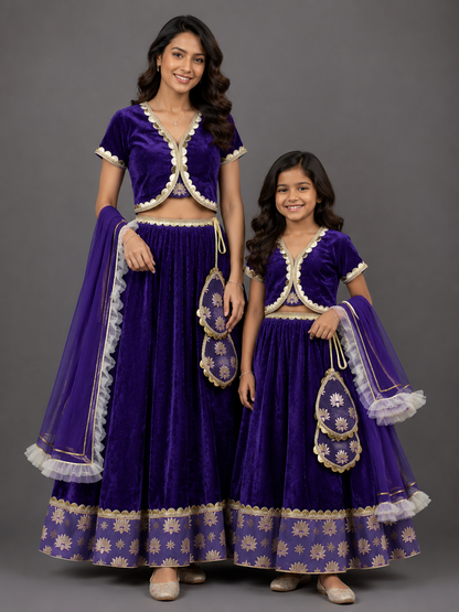 Purple Velvet Lotus Print Lehenga Set