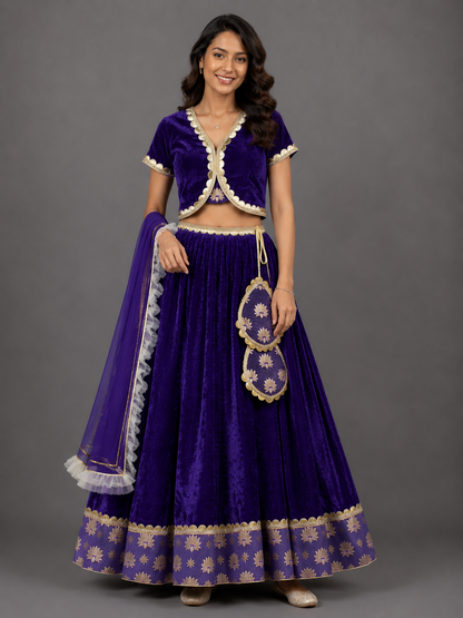Purple Velvet Lotus Print Lehenga Set