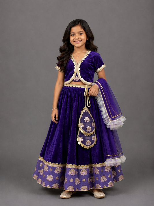 Purple Velvet Lotus Print Lehenga Set