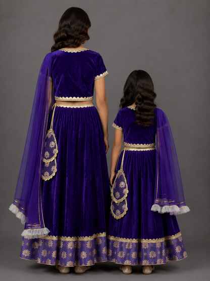 Purple Velvet Lotus Print Lehenga Set