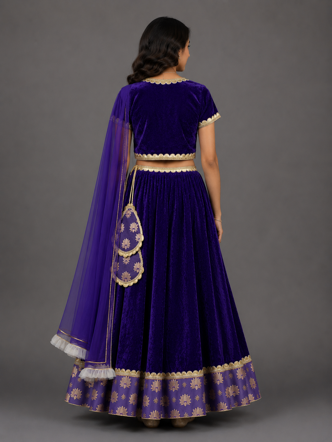 Purple Velvet Lotus Print Lehenga Set