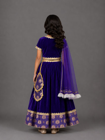 Purple Velvet Lotus Print Lehenga Set
