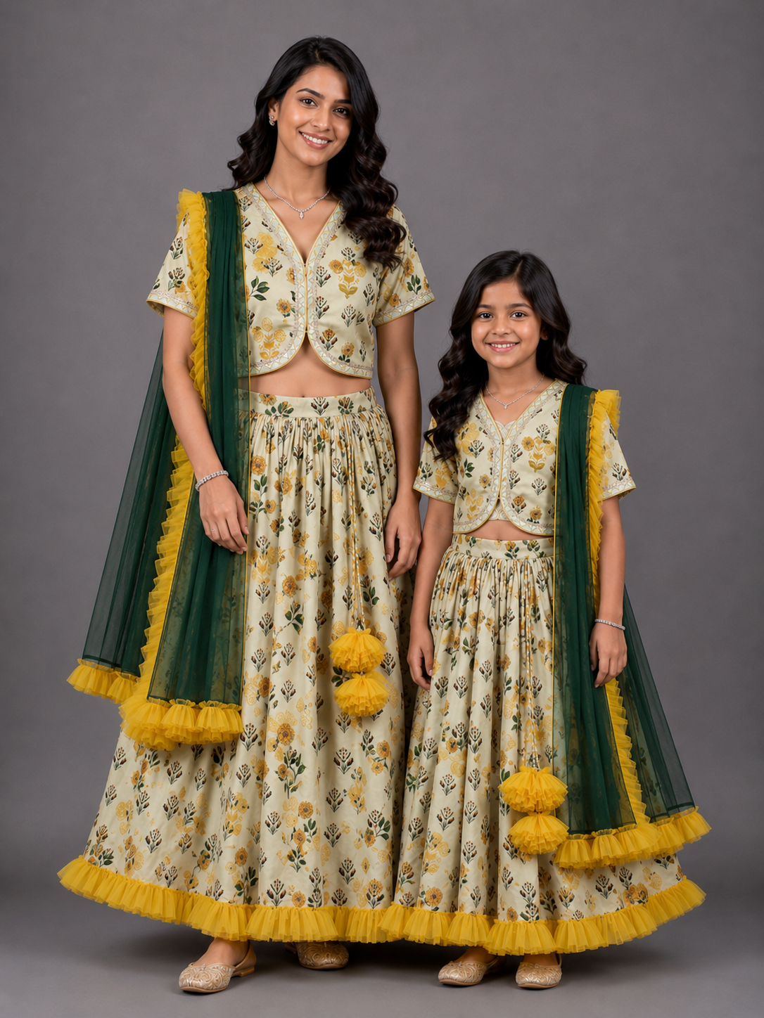 Floral Printed Crop Top With Lehenga And Net Dupatta