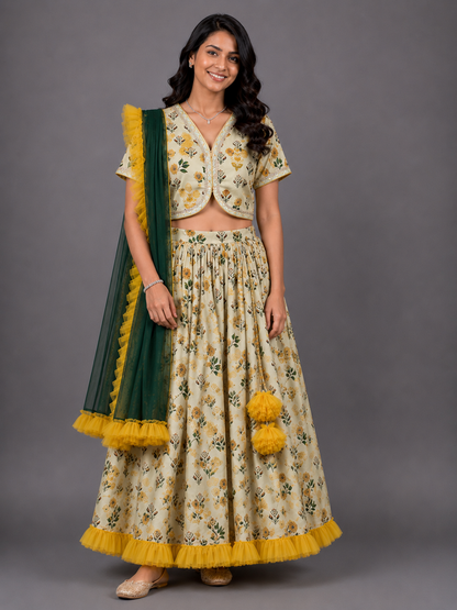 Floral Printed Crop Top With Lehenga And Net Dupatta