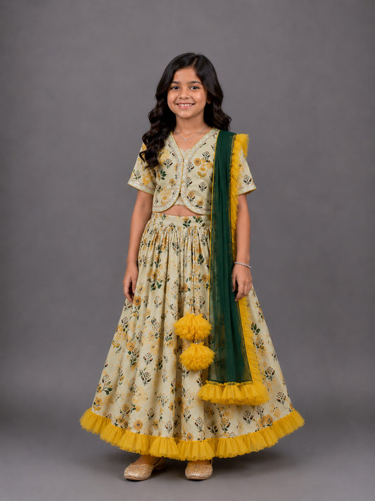 Floral Printed Crop Top With Lehenga And Net Dupatta