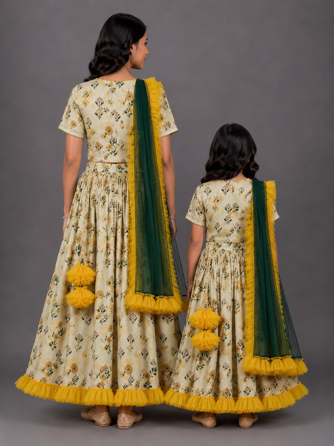 Floral Printed Crop Top With Lehenga And Net Dupatta