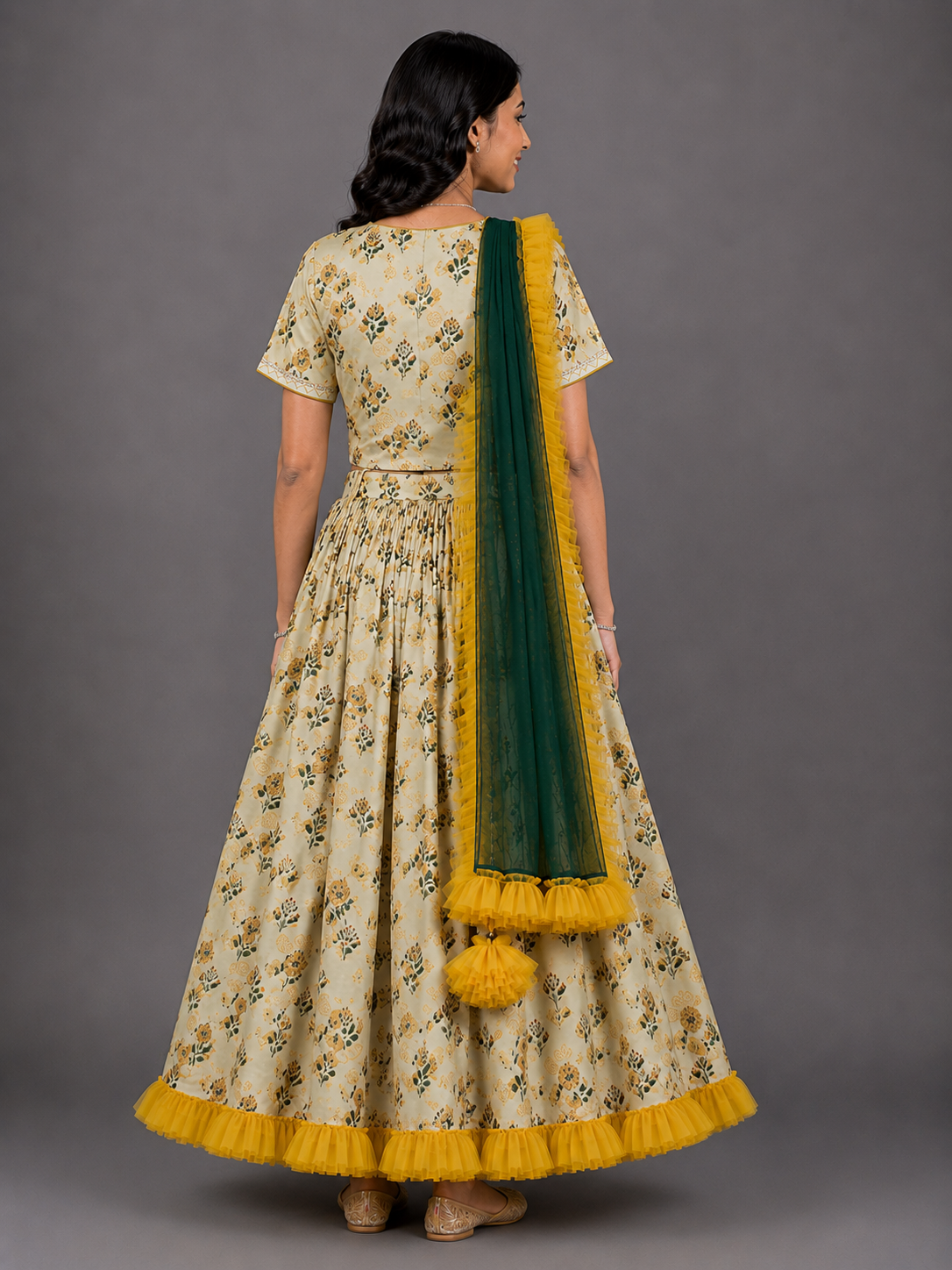 Floral Printed Crop Top With Lehenga And Net Dupatta