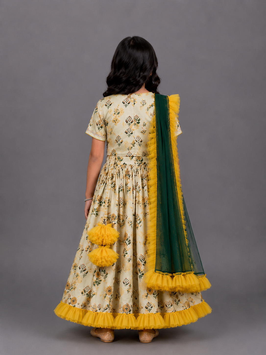 Floral Printed Crop Top With Lehenga And Net Dupatta