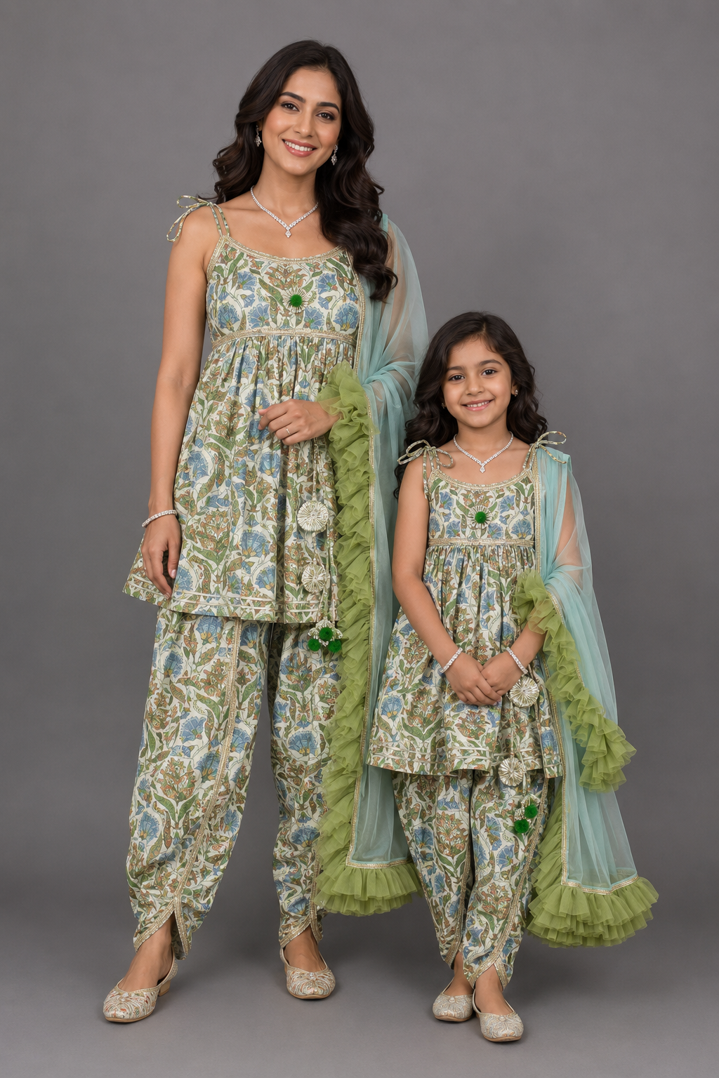 Tie-Up Straps Top And Matching Dhoti With Net Blue Dupatta