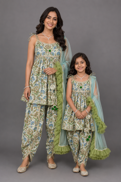 Tie-Up Straps Top And Matching Dhoti With Net Blue Dupatta