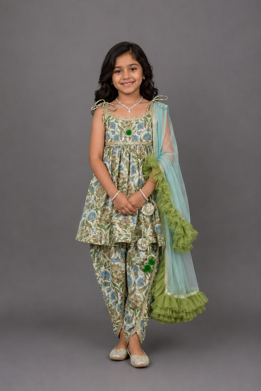 Tie-Up Straps Top And Matching Dhoti With Net Blue Dupatta