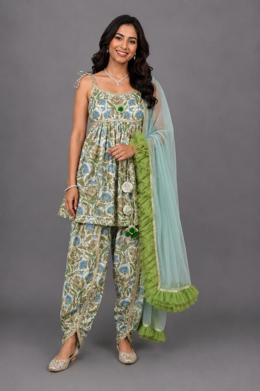 Tie-Up Straps Top And Matching Dhoti With Net Blue Dupatta