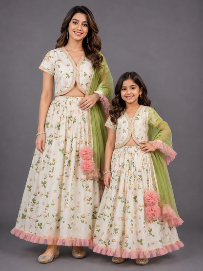 Floral Printed Crop Top With Lehenga And Net Dupatta