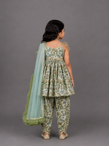 Tie-Up Straps Top And Matching Dhoti With Net Blue Dupatta