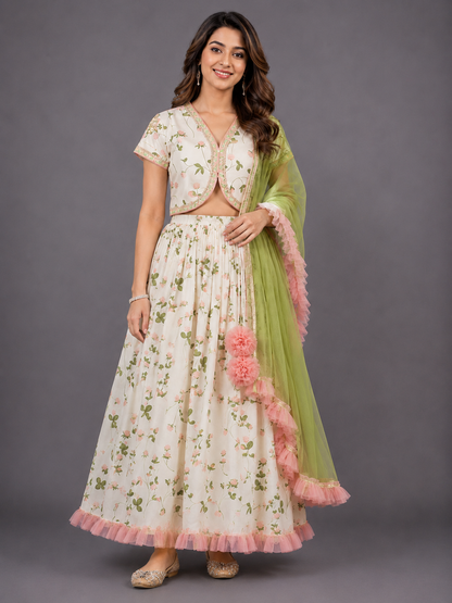 Floral Printed Crop Top With Lehenga And Net Dupatta
