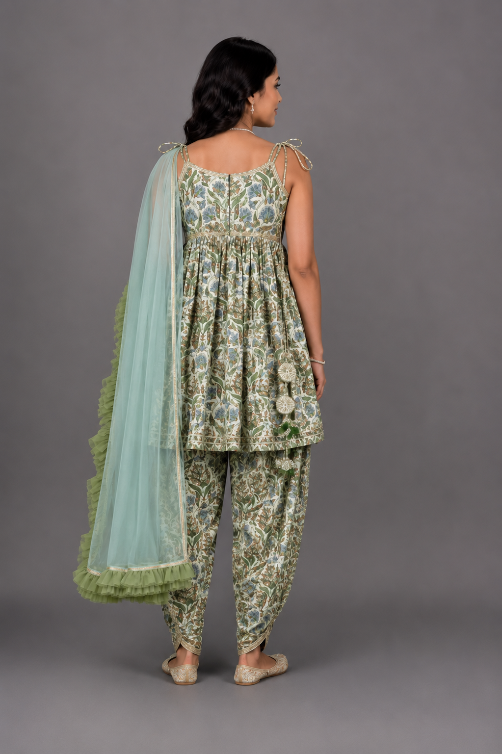 Tie-Up Straps Top And Matching Dhoti With Net Blue Dupatta
