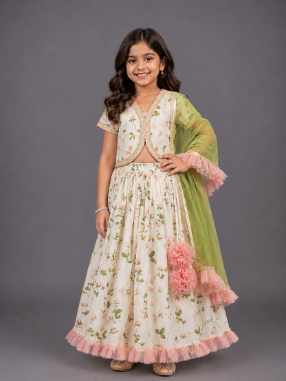 Floral Printed Crop Top With Lehenga And Net Dupatta