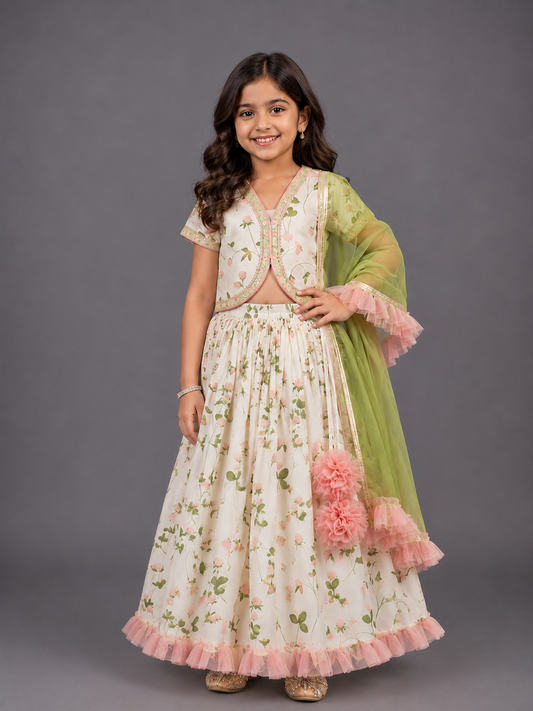 Floral Printed Crop Top With Lehenga And Net Dupatta