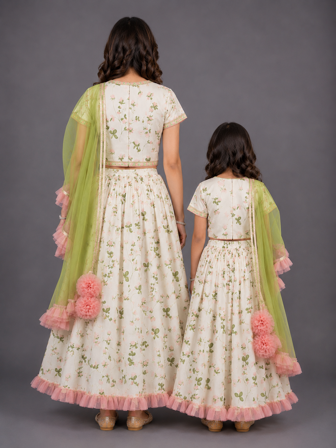 Floral Printed Crop Top With Lehenga And Net Dupatta