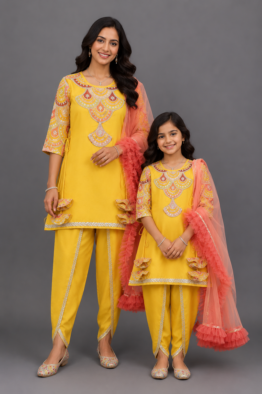Embroidered Mustard Kurti And Tulip Dhoti With Net Dupatta