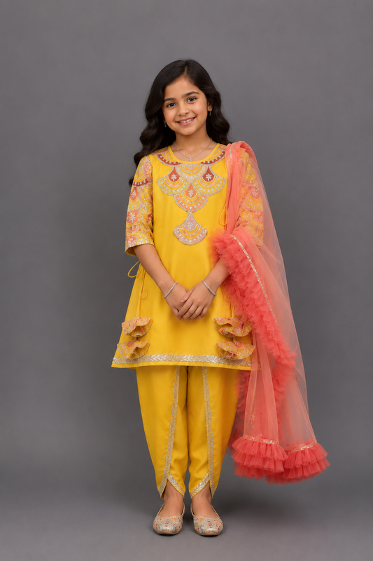 Embroidered Mustard Kurti And Tulip Dhoti With Net Dupatta